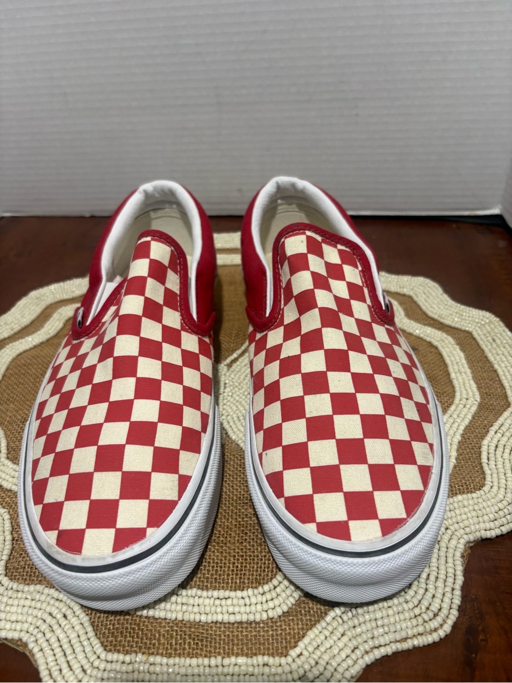 Vans Men's Slip-On Checkerboard Shoes in Red and Cream